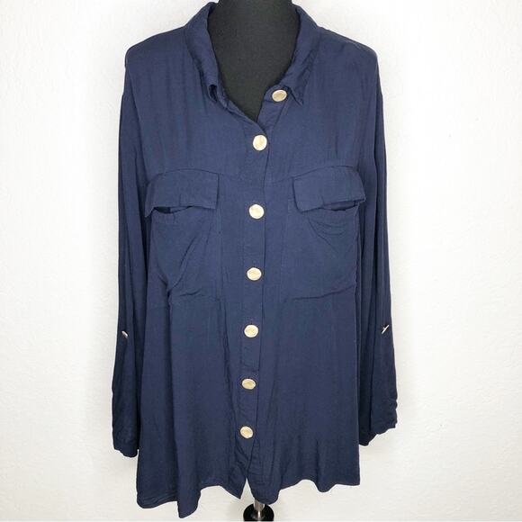 City Chic Tops - City Chic navy blue gold button down top size XXL / 24